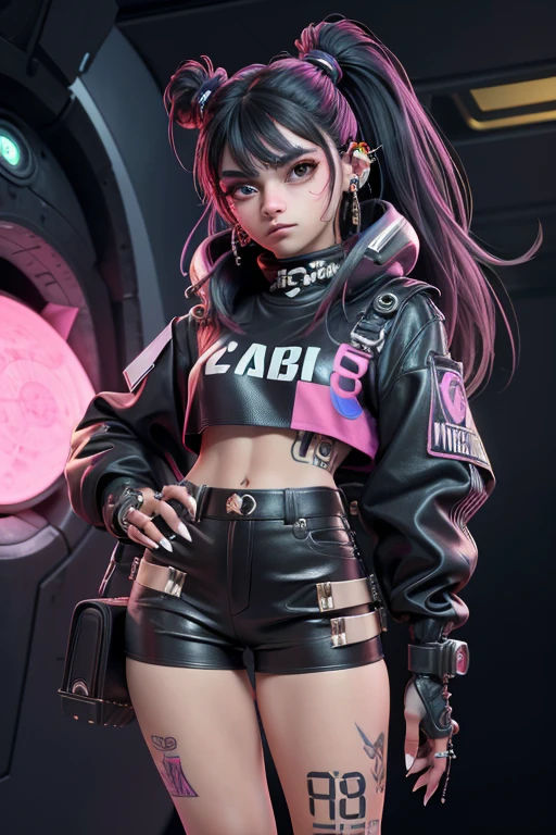1 chica, 18 years, cabello purpura, traje ciberpunk, ciudad futurista, Piercing en el ombligo.