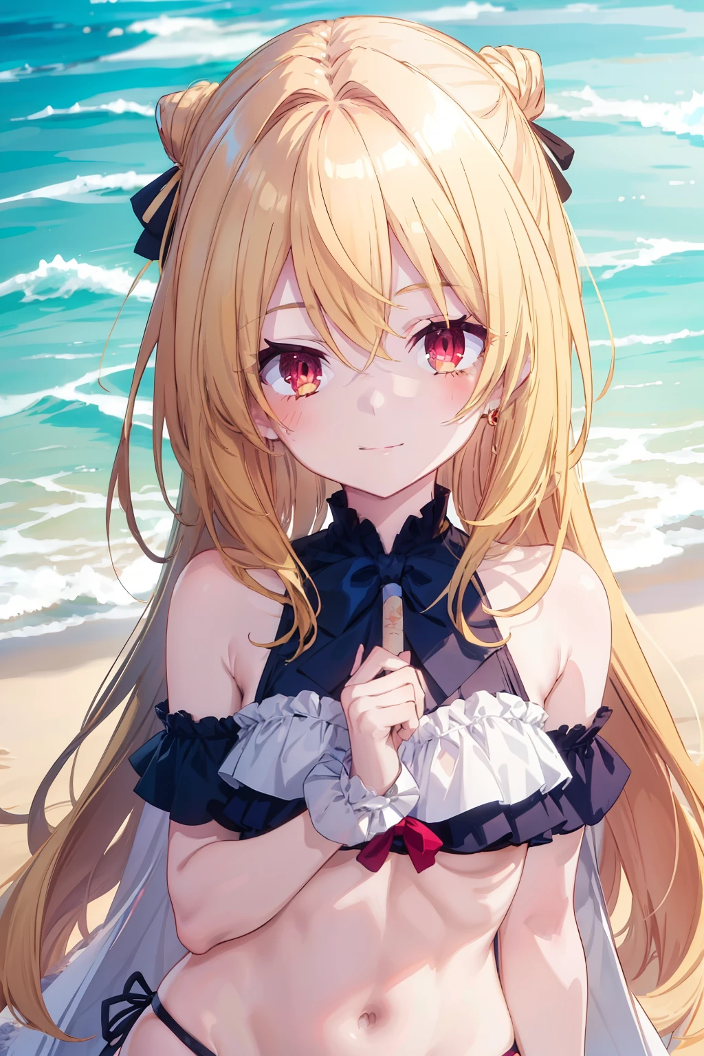 Terracomali Gundesblood、Good looking girl (blush, Perfect Face), independent , Looking at the camera, masterpiece, Anime art style, Cute Characters, Most detailed, high quality、Nico Nico Smile、There are highlights in the eyes、The whole body is visible、blonde、Long Hair、かわいいSwimwearを着て、Playing in the sea、Swimwear