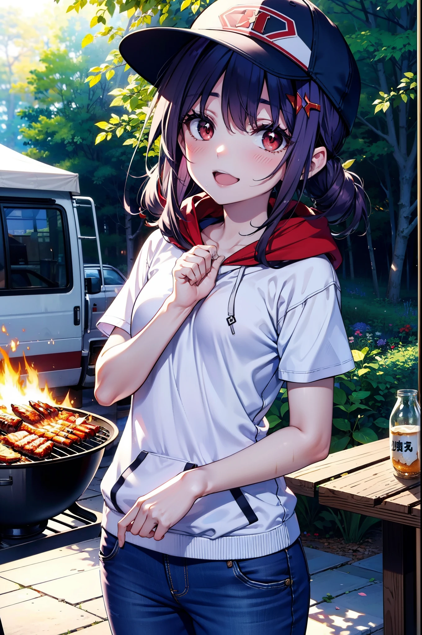 yuukikonno, Konno Yuuki, Long Hair, Pointed Ears, Purple Hair, (Red eyes:1.5), (Small breasts:1.2),smile, Open your mouth,Purple hoodie,Short sleeve,Baseball hats,Hoodie hood up,Red tank top shirt,Short denim,Red knee-high socks,High-top sneakers,Daytime,Clear skies,True Summer,barbecue,tent,
break looking at viewer, Upper Body, whole body,(Cowboy Shot:1. 5),
break outdoors, forest, nature,camp site,
break (masterpiece:1.2), highest quality, High resolution, unity 8k wallpaper, (figure:0.8), (Beautiful fine details:1.6), Highly detailed face, Perfect lighting, Highly detailed CG, (Perfect hands, Perfect Anatomy),