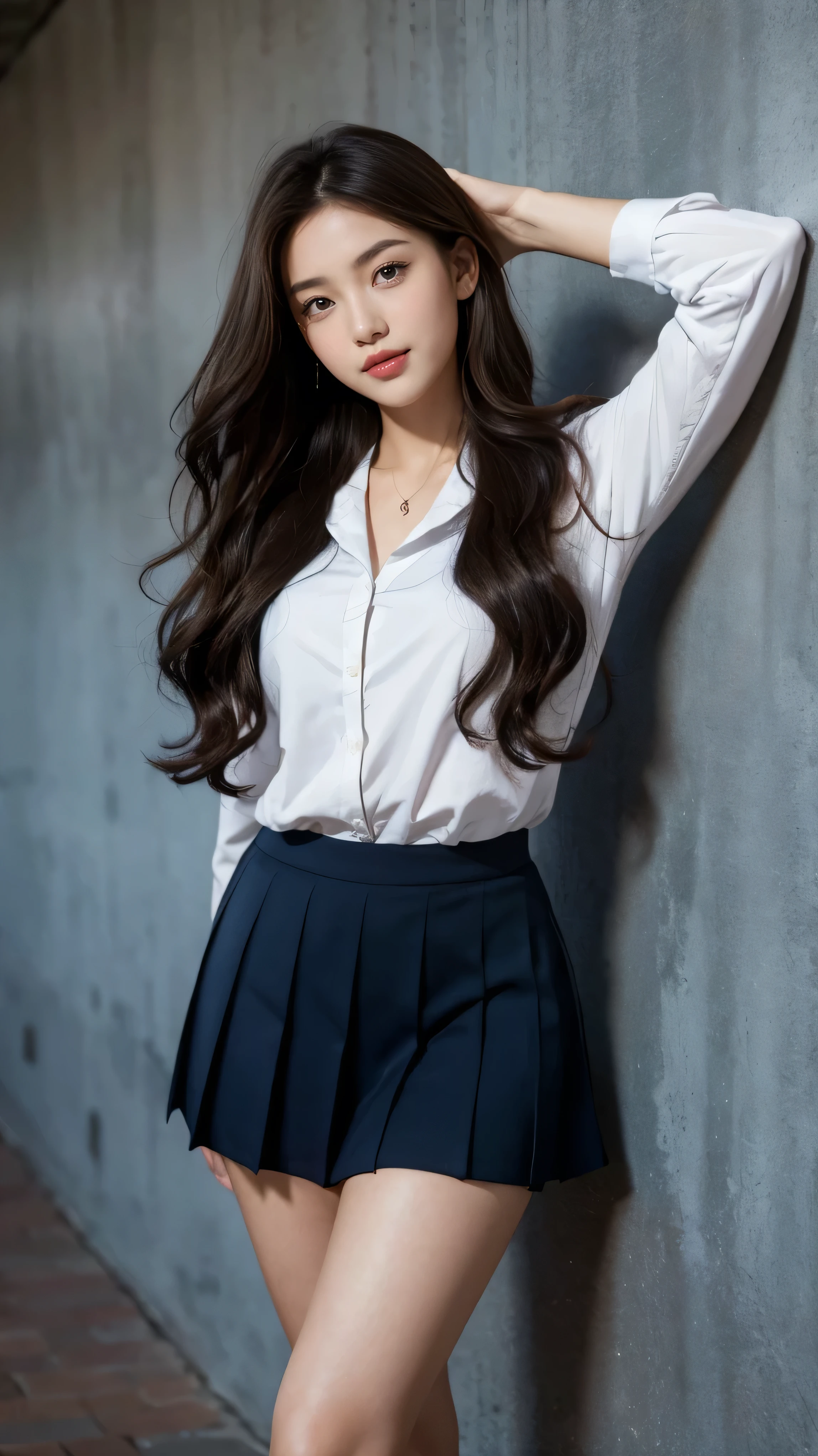 highest quality,masterpiece,Ultra-high resolution,(Actual:1.4),Original photo,Ultra-high resolution,8k,There are women,Fair skin,Exquisite makeupHigh school girl in dark blue sailor uniform,black heels,Long legs,Bright and beautiful、Long wavy brown hair_Hair reaching down to the waist,shy smile,in a highschool classroom,Leaning against the wall,chest thrusting pose,standing gracefully