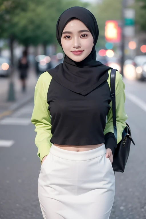 Malay girl wearing a polite hijab with a modern patterned hijab style, while studying, wearing a backpack, polite, elegant appearance, pose facing the audience, facial details, skin texture details, mole under the eye, medium breasts, medium hips, medium waist, thighs medium, slim belly, beautiful body, cheerful smile, happy, student, with background, Australia Sidney Opera House, standing pose, sunny morning weather, bokeh,