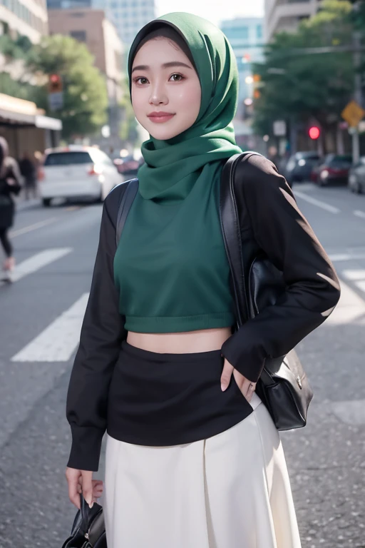 Malay girl wearing a polite hijab with a modern patterned hijab style, while studying, wearing a backpack, polite, elegant appearance, pose facing the audience, facial details, skin texture details, mole under the eye, medium breasts, medium hips, medium waist, thighs medium, slim belly, beautiful body, cheerful smile, happy, student, with background, Australia Sidney Opera House, standing pose, sunny morning weather, bokeh,