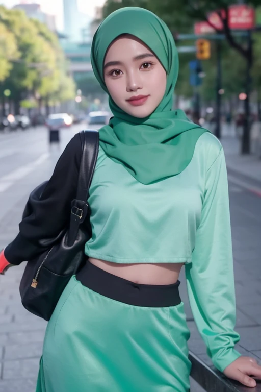 Malay girl wearing a polite hijab with a modern patterned hijab style, while studying, wearing a backpack, polite, elegant appearance, pose facing the audience, facial details, skin texture details, mole under the eye, medium breasts, medium hips, medium waist, thighs medium, slim belly, beautiful body, cheerful smile, happy, student, with background, Australia Sidney Opera House, standing pose, sunny morning weather, bokeh,