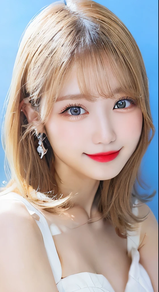 highest quality、High resolution、8K、delicate、(Beautiful 20 year old woman:1.5)、(blonde hair:1.3)、(Smooth and shiny hair:1.2)、(Large clear blue eyes:1.2)、(White skin:1.2)、(Large Breasts:1.2)、(Cleavage:1.2)、(semi-long:1.1)、(bangs)、(Wearing a black strapless top)、(The background is blue sky:1.2)、(whole body:1.2)、(Are standing、Down to the toes、beautiful and thin legs:1.2)、(Beautiful Abs:1.3)、Shiny earrings、Red lips、double eyelid、Long eyelashes、smile、cute、sexy、Slender body