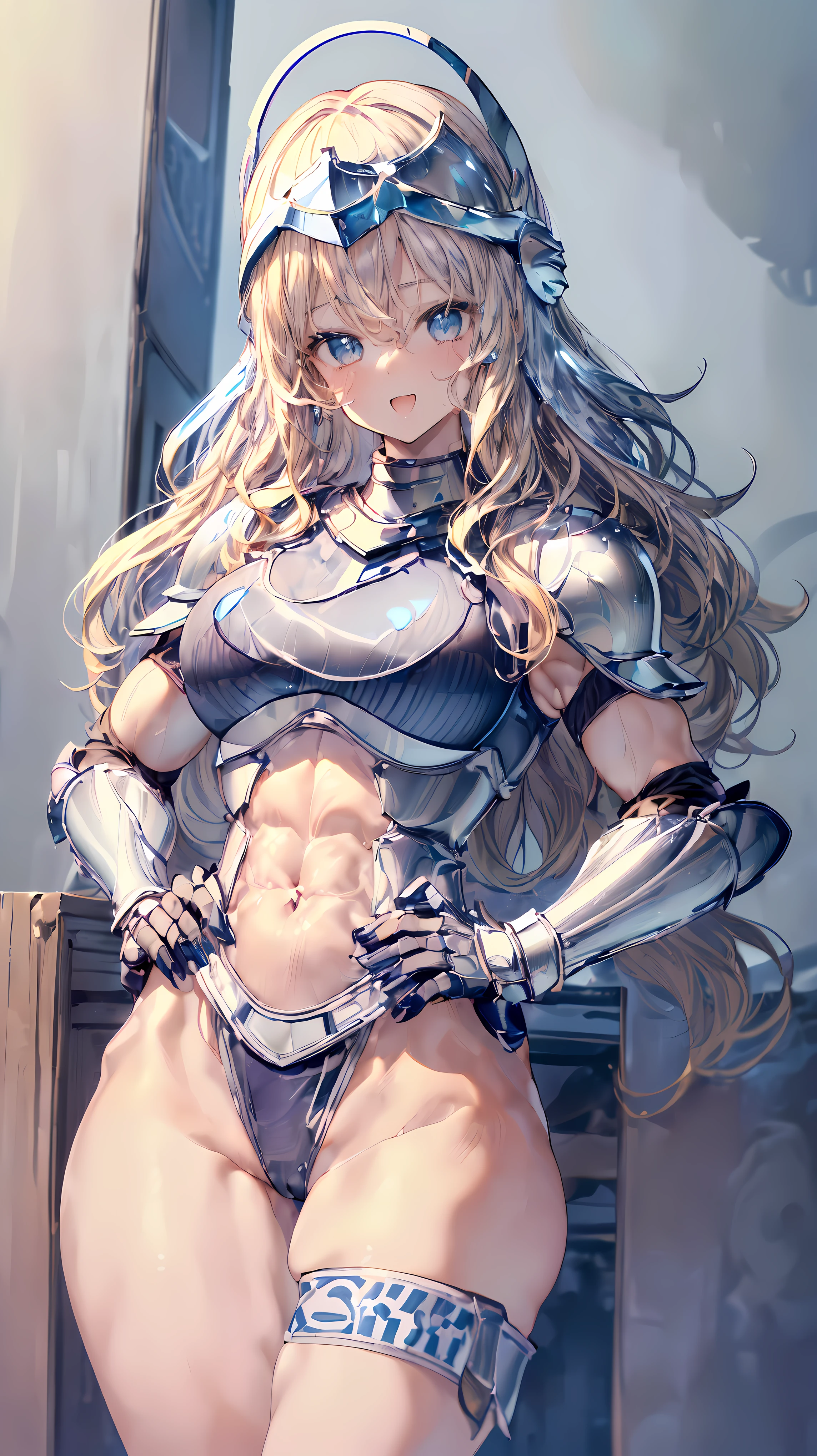 (Adult women:1.5)、Very detailed、highest quality、Best image quality、masterpiece、8k、Anime Face、A kind smile、(Open your mouth:1.5)、Sparkling blue eyes、(Blonde Wavy Hair:1.5)、、Muscles of the whole body、(High leg:1.5)、(Thigh belt:1.5)、(Wearing platinum bikini armor:1.5)、(Cowboy Shot:1.5)、(Leg armor:1.5)、(Wearing a helmet:1.5)、(Hands on hips:1.5)