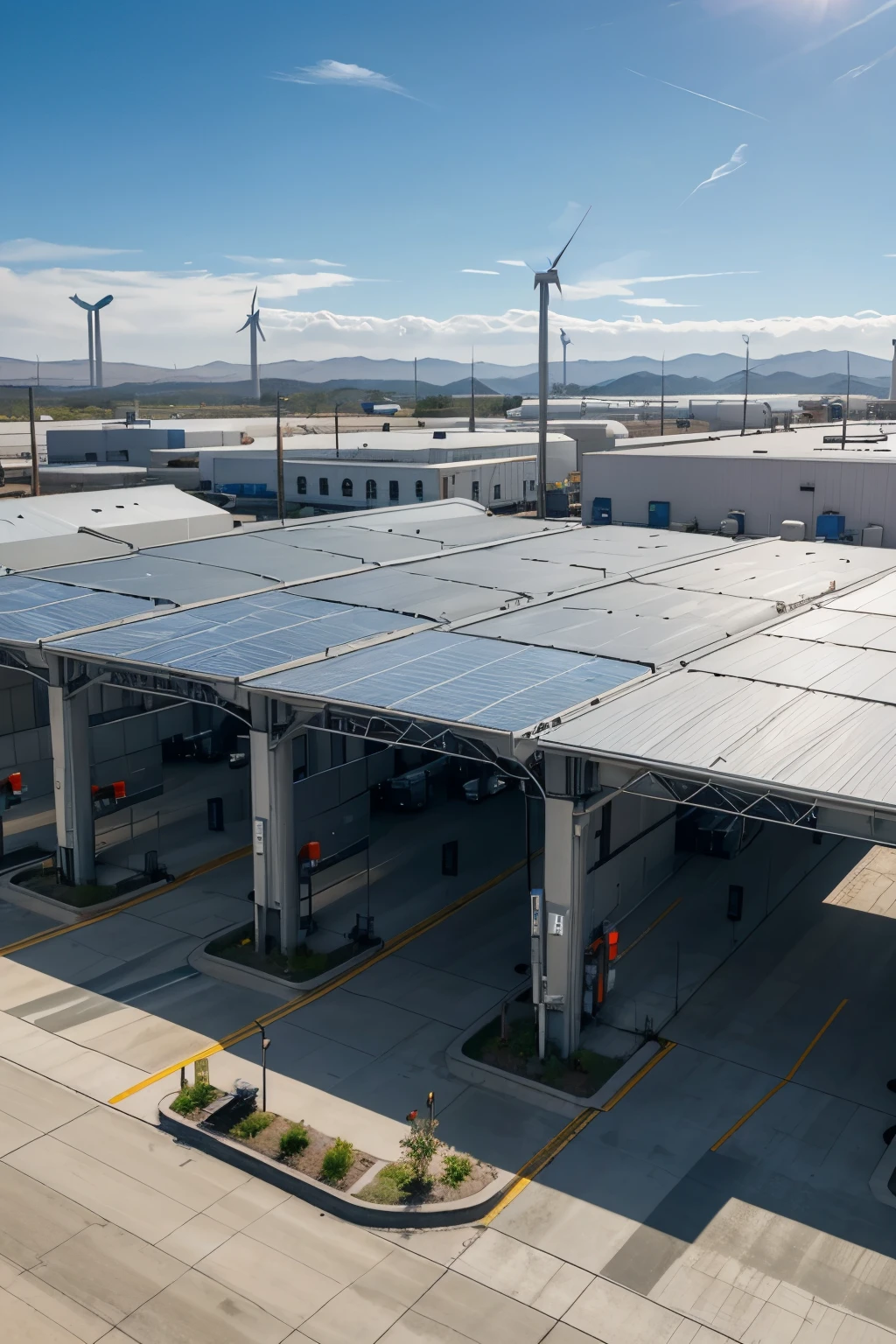 Photorealistic image of a futuristic factory located outdoors in a neatly organized industrial area. Focus on the details of the factory, showcasing solar panels and wind turbines integrated into the design. Include automated Tesla Semi trucks traveling around the premises. The setting is during a bright and clear day, emphasizing a clean and advanced technological environment. --s 0 --v 6.0 --style raw