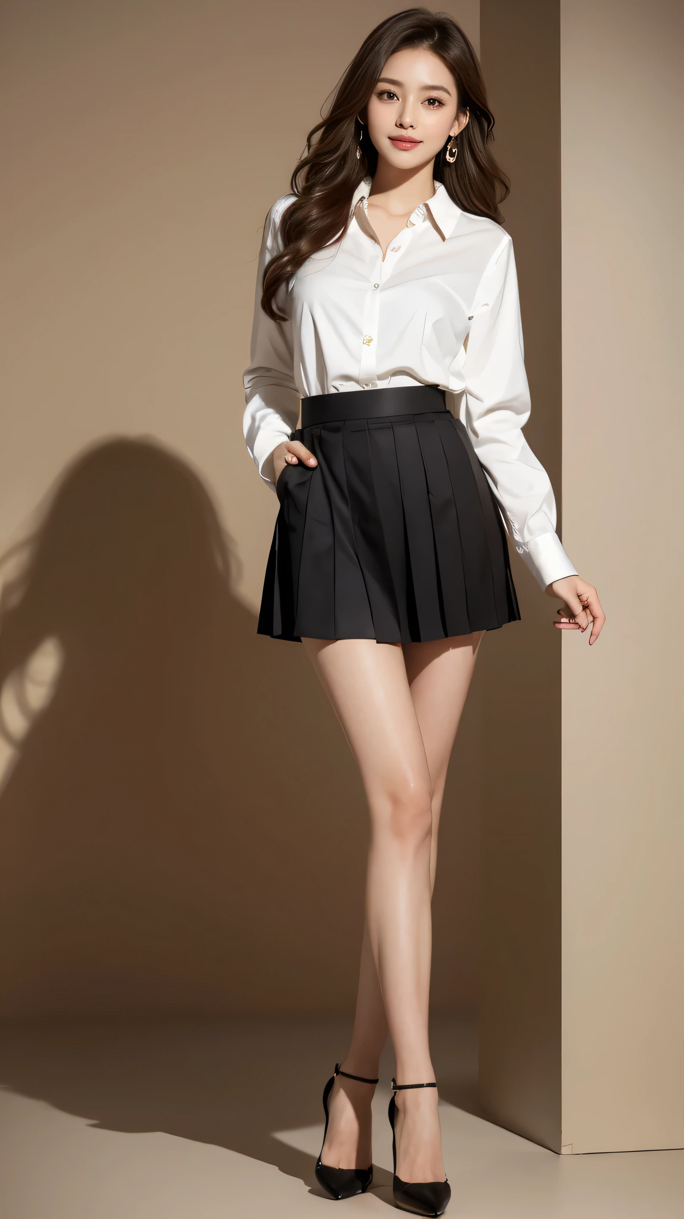 highest quality,masterpiece,Ultra-high resolution,(Actual:1.4),Original photo,Ultra-high resolution,8k,There are women,Fair skin,Exquisite makeup,black heels,Long legs,Bright and beautiful、Long wavy brown hair_Hair reaching down to the waist,shy smile,white long sleeve button up blouse_brown pleated mini skirt_Put the shirt inside the skirt