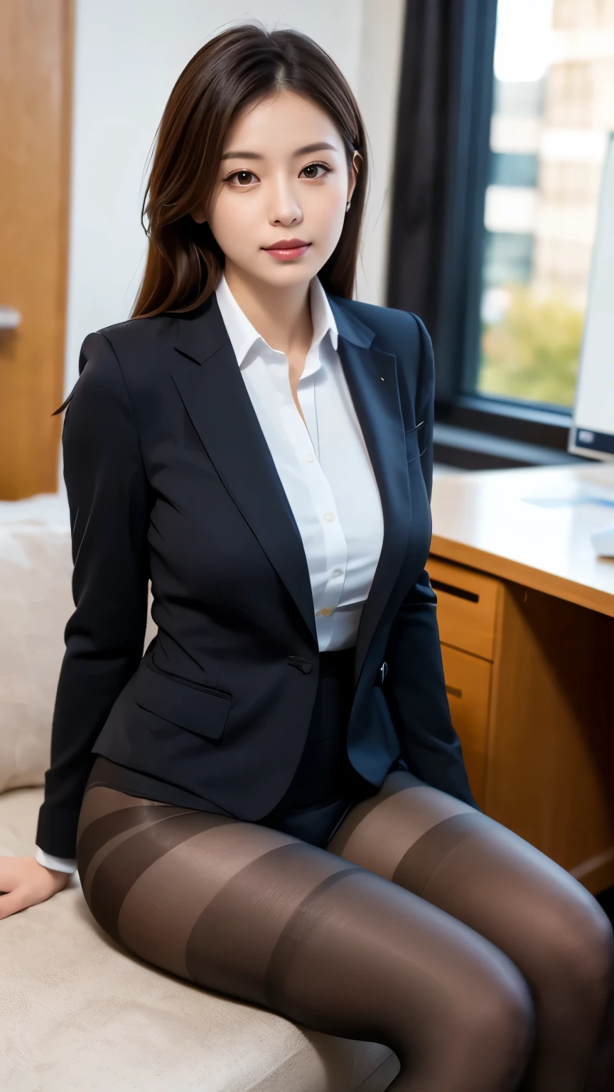 ulzzang-6500-v1.1, (RAW Photos:1.2), (Photorealistic), (Genuine:1.4), (Mastepiece), masterpiece, Absurd, The finer details, High resolution, Highly detailed face and eyes, Photorealistic, There is a woman sitting on the floor with her legs crossed., Feet together, 厳格なWear a business suit, Woman sitting, (Ultra-realistic pantyhose:1.3), Sitting pose, 魅惑的なSitting pose, lower angle, Wearing a business suitいる, Wearing a business suit, In a strict suit, Wear a business suit, Girl in suit, Girl in suit, Sitting on the bed, Sitting at a desk