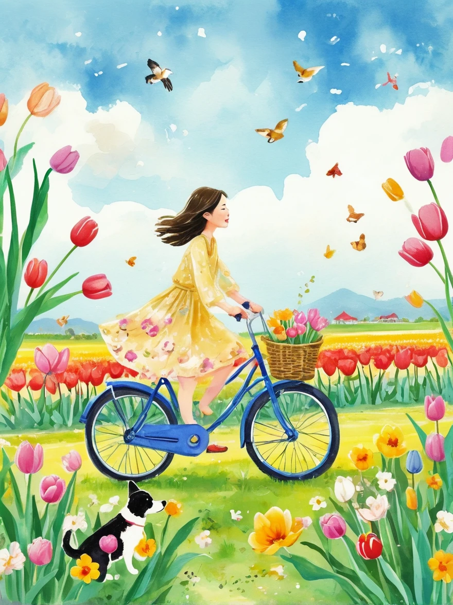 Sea of Flowers，Wind blowing through tulip fields，Spring field scenery，Close up of girl riding bicycle with puppy on sunny day，There are flowers and a puppy in the bamboo basket in front of the car，Tulips in the foreground are clear，Light tones，Light gold color，high resolution细节，Ink splash effect，Bright and fresh colors，Best picture quality，8k，high resolution，masterpiece，Super detailed，Ink and watercolor，Vector illustration