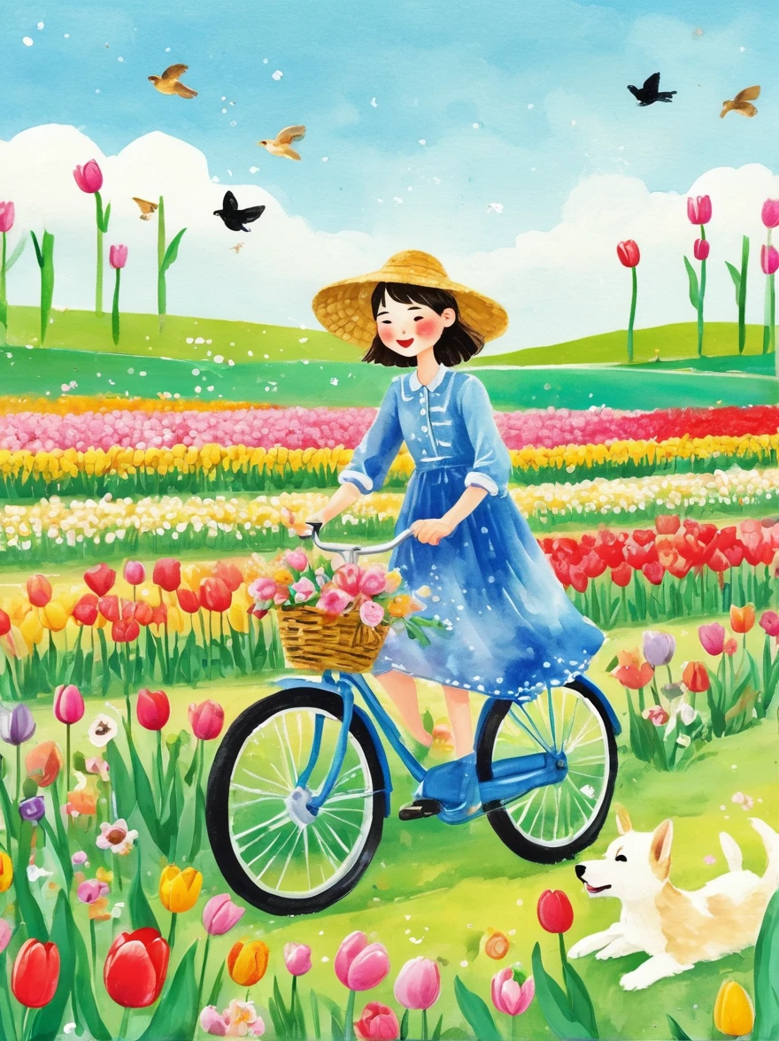 Sea of Flowers，Wind blowing through tulip fields，Spring field scenery，Close up of girl riding bicycle with puppy on sunny day，There are flowers and a puppy in the bamboo basket in front of the car，Tulips in the foreground are clear，Light tones，Light gold color，high resolution细节，Ink splash effect，Bright and fresh colors，Best picture quality，8k，high resolution，masterpiece，Super detailed，Ink and watercolor，Vector illustration