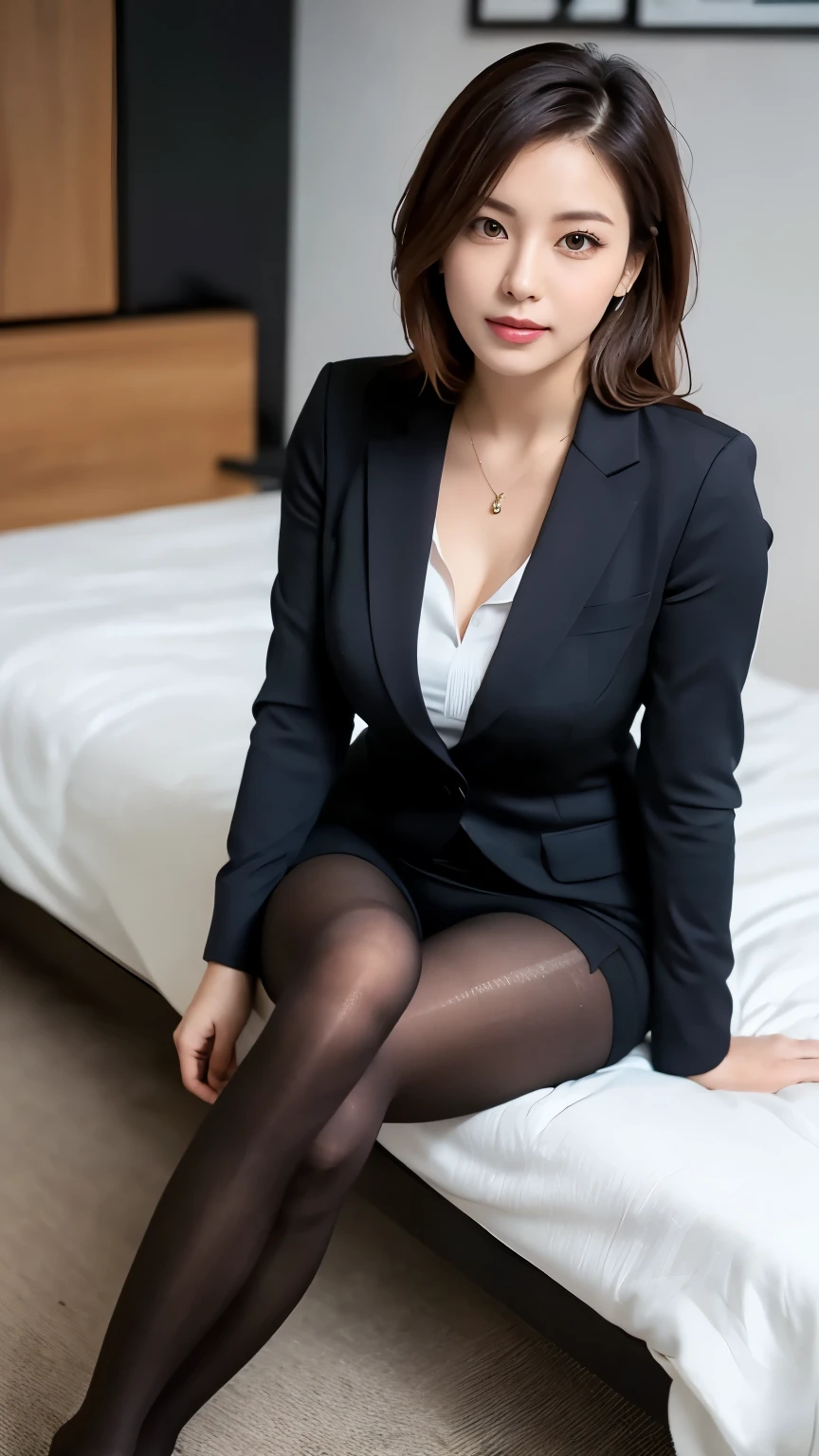 ulzzang-6500-v1.1, (RAW Photos:1.2), (Photorealistic), (Genuine:1.4), (Mastepiece), masterpiece, Absurd, The finer details, High resolution, Highly detailed face and eyes, Photorealistic, There is a woman sitting on the floor with her legs crossed., Feet together, 厳格なWear a business suit, Woman sitting, (Ultra-realistic pantyhose:1.3), Sitting pose, 魅惑的なSitting pose, lower angle, Wearing a business suitいる, Wearing a business suit, In a strict suit, Wear a business suit, Girl in suit, Girl in suit, Sitting on the bed, Sitting at a desk