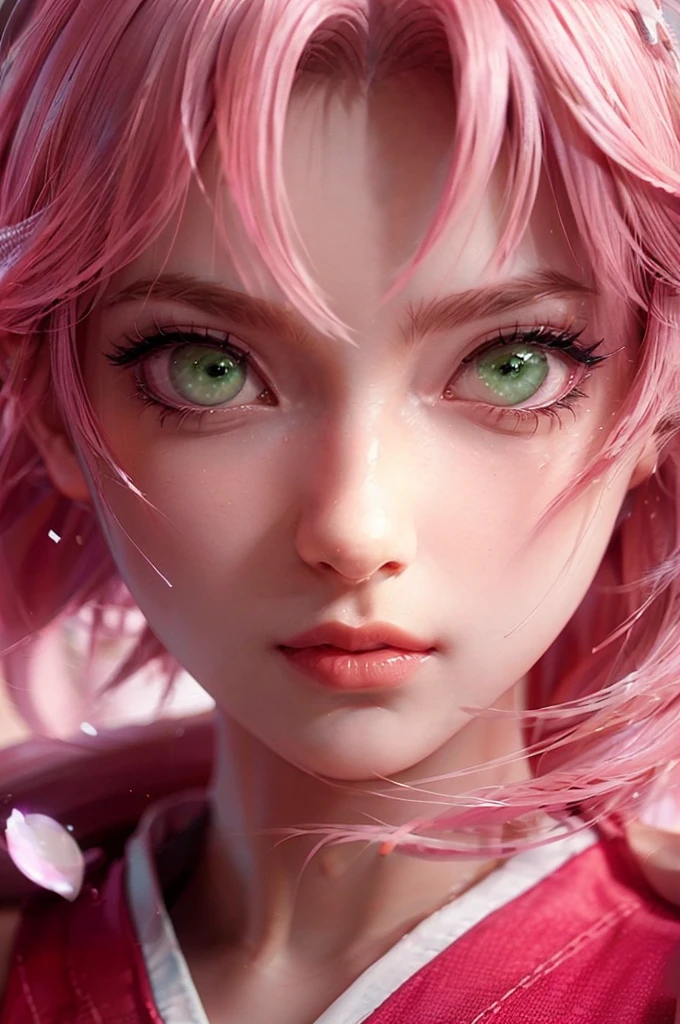 young woman, short shoulder-length pink hair, wide forehead, porcelain skin, pink eyebrows, big emerald green eyes, buttoned nose, full lips, heart-shaped face, slender body, small breasts, red tank top, Sakura Haruno , realistic, realism, details, 3d, well detailed