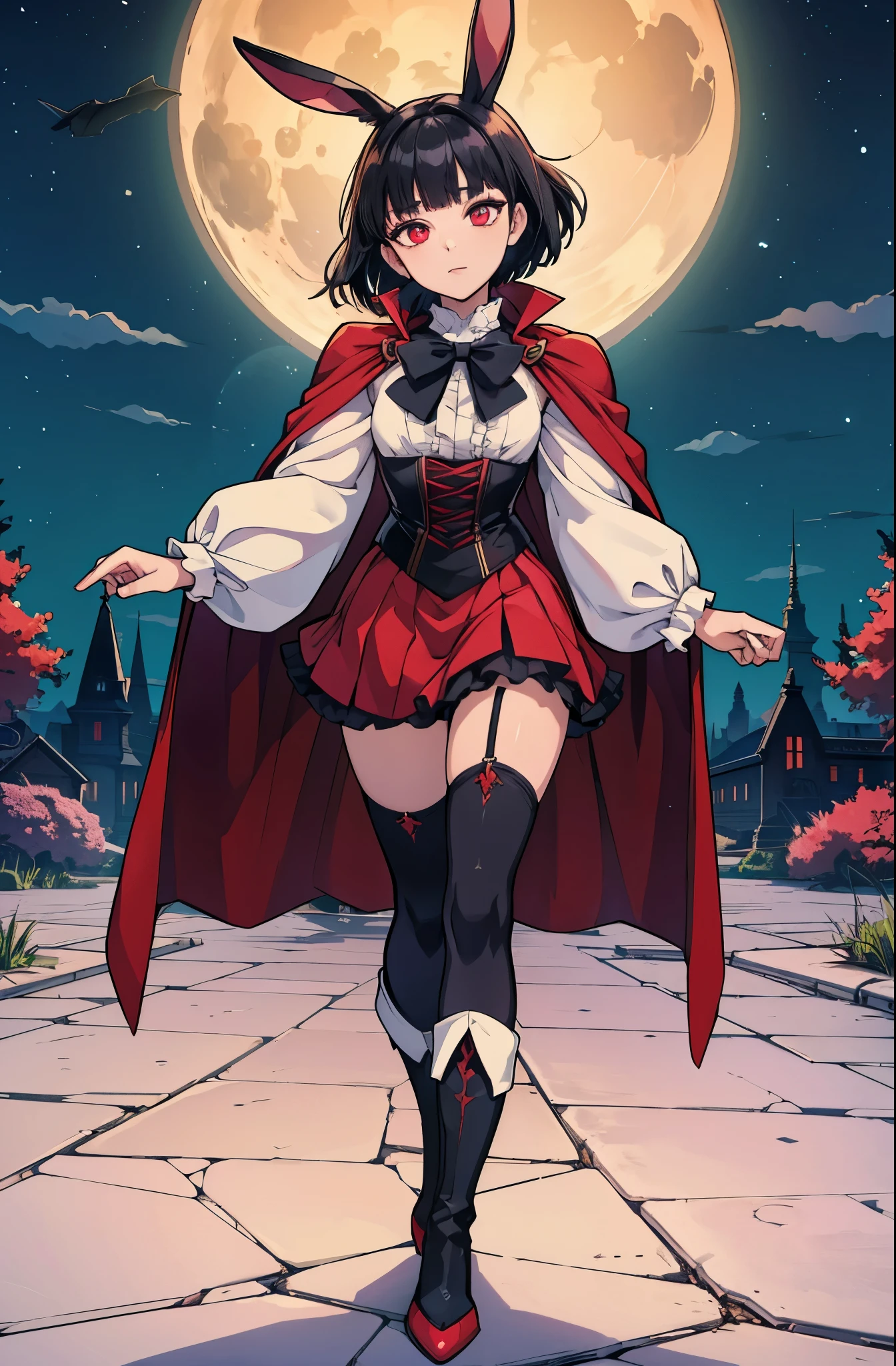 anime girl, tall, short black hair, Bangs are heavy, bunny ears, vampire, red eyes, ((best quality)), ((highly detailed)), masterpiece, absurdres, (detailed eyes, deep eyes), (1girl), cape, Outside at night when the moon shines, dress, frills, The sleeves are wide at the hem, long sleeve shirt, black tie, Stockings, boots