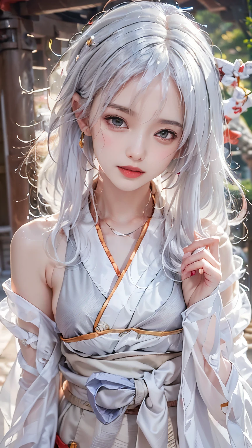 ((Styled white hair:1.5))(Miko costume:1.3), Symmetric, (highest quality, Realistic:1.4, RAW Photos:1.2, Cinematic Light, Highly detailed illustration), (1woman:1.3, alone), (Asian 25 year old girl, Very delicate face, Super beautiful face, Very delicate eyes, Highly detailed nose, Very sophisticated mouth, Highly detailed facial features, 輝くskin), woman, (Medium Bust,sideboob:1.3), skin, Lip gloss, Laughter, Full Body View, High resolution, High resolution, 8k, Masterpiece 2:1,（ Shrines in Kyoto、torii、Scattering cherry blossoms）cleavage cutout,
