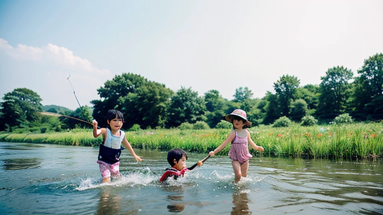 Swimming in a rural river、Clear Stream、Shimanto River、Fishing、Underwater Images、fish、The kids、Cute kids