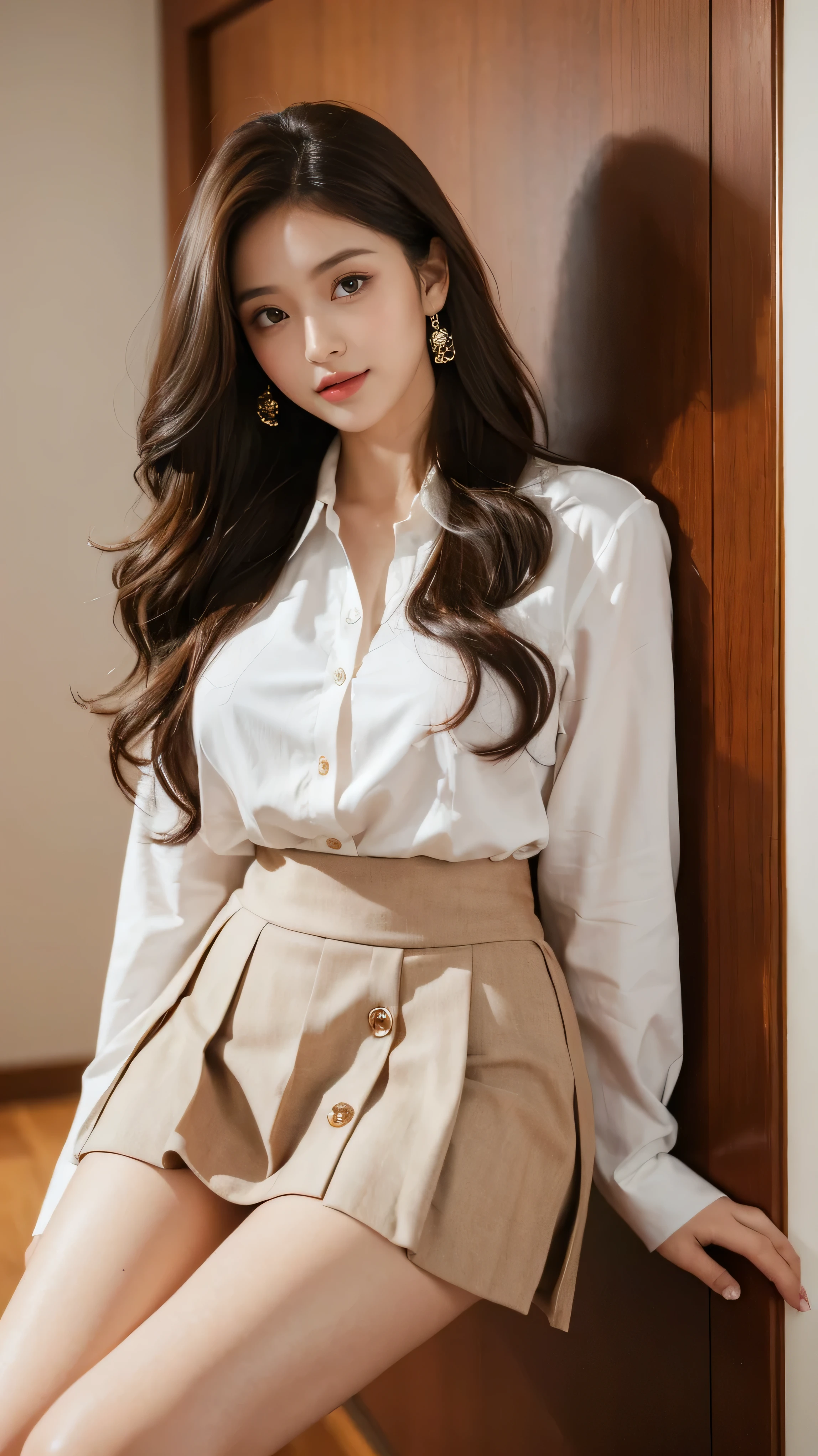 highest quality,masterpiece,Ultra-high resolution,(Actual:1.4),Original photo,Ultra-high resolution,8k,There are women,Fair skin,Exquisite makeup,black heels,Long legs,Bright and beautiful、Long wavy brown hair_Hair reaching down to the waist,shy smile,white long sleeve button up blouse_brown pleated mini skirt_Put the shirt inside the skirt,On the landing of a skyscraper's stairs