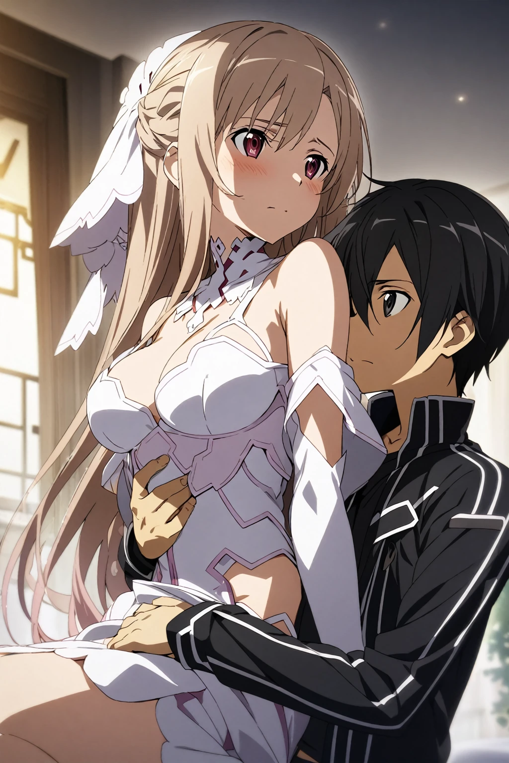 1girl and 1boy, asuna \(stacia\) and kirito, sword art online, breast grab, masterpiece, best quality, very aesthetic, absurdres