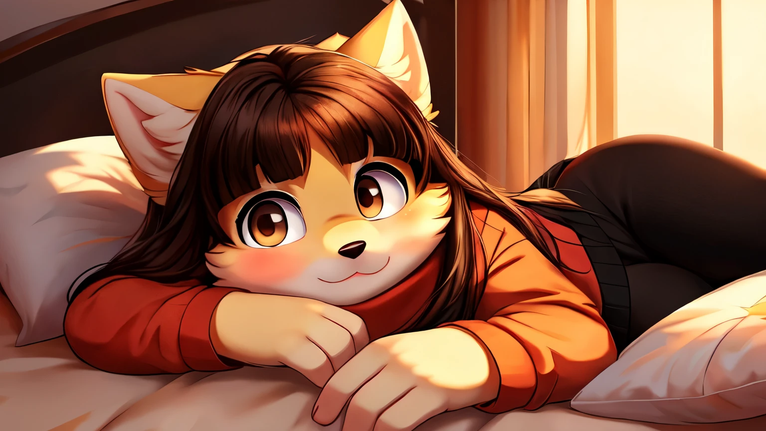 Antropomorphic fluffy chubby small yellow wolf young cute shy girl with long brown human hair and brown eyes dressed with a black sweater iand black leggings nside her bed and wants to sleep with you, digital art