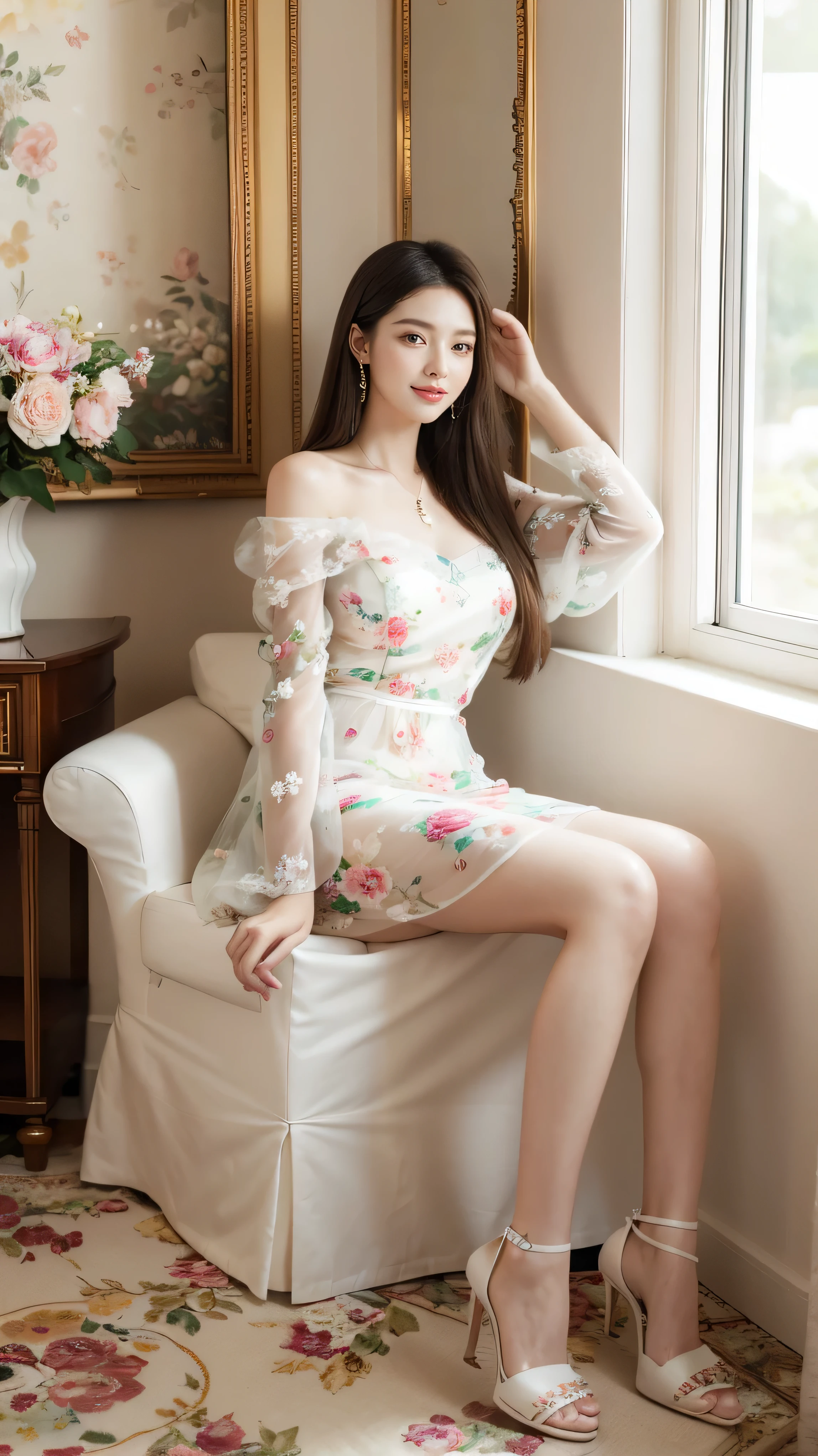 highest quality,masterpiece,Ultra-high resolution,(Actual:1.4),Original photo,Ultra-high resolution,8k,There are women,Fair skin,Exquisite makeup,Big floral mini dress_long see-through sleeves,white heels,Long legs,Bright and beautiful、Long straight hair_Hair reaching down to the waist,shy smile,in a Luxurious room,arms up