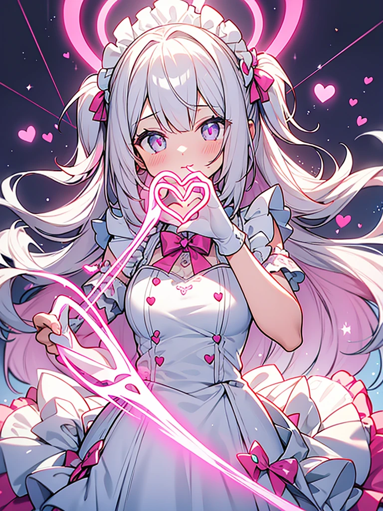 glowing heart-shaped halo floats above the maid goddess' head,heart-shaped neon pink halo overhead,silver long,