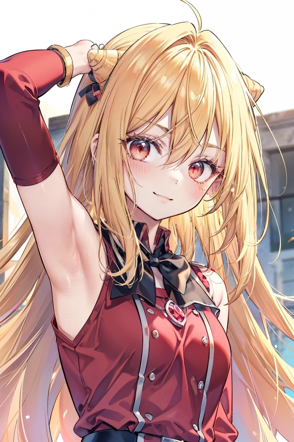 Terracomali Gundesblood、Good looking girl (blush, Perfect Face), independent , Looking at the camera, masterpiece, Anime art style, Cute Characters, Most detailed, high quality、Nico Nico Smile、There are highlights in the eyes、The whole body is visible、Blonde、Long Hair、Red Eye、Showing armpits