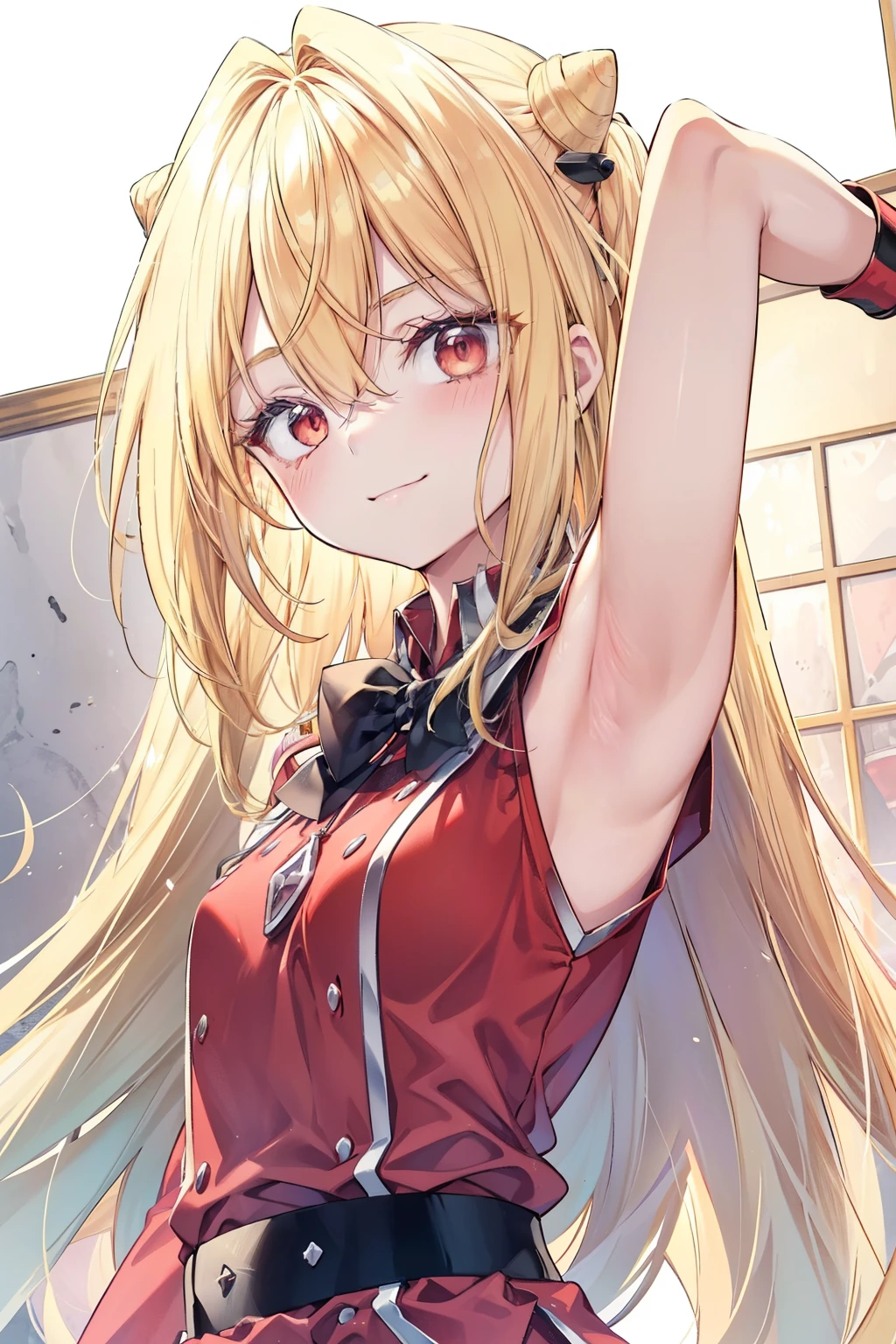 Terracomali Gundesblood、Good looking girl (blush, Perfect Face), independent , Looking at the camera, masterpiece, Anime art style, Cute Characters, Most detailed, high quality、Nico Nico Smile、There are highlights in the eyes、The whole body is visible、Blonde、Long Hair、Red Eye、Showing armpits