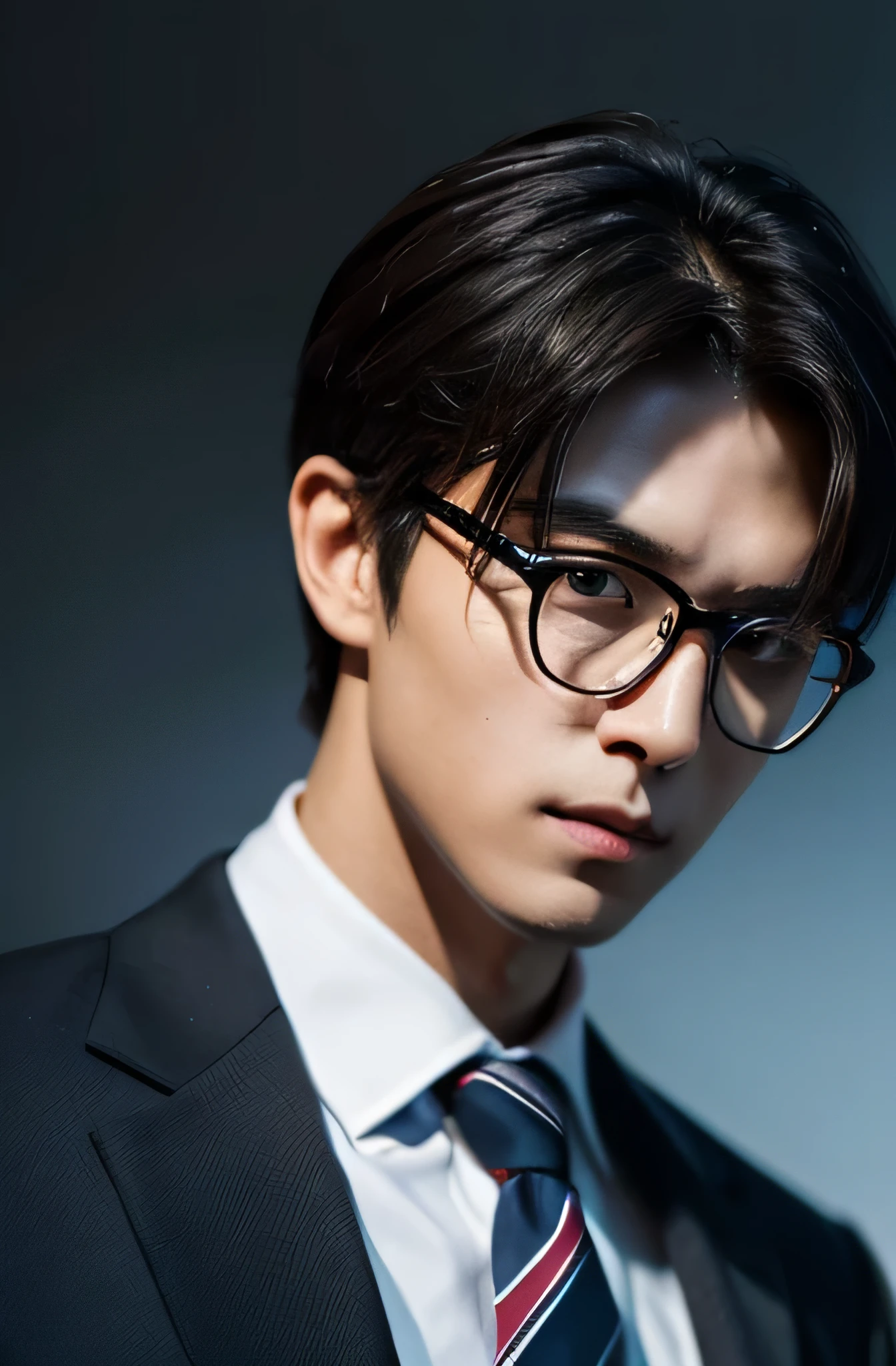 male,businessmale,dark background,elegant,(best quality,mackerel),(realistic,photorealistic),professional,sharp focus,vivid colors,studio lighting,Sleek appearance,suit,glasses,tie,confident posture,Hand gestures,serious expression,male characteristics,Sleek details,subtle shadows, detailed face, 8K, suit, brown eyes, tie, fold one's arms