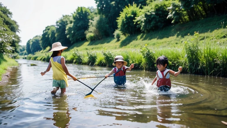 Swimming in a rural river、Clear Stream、Shimanto River、Fishing、fish、The kids、Cute kids
