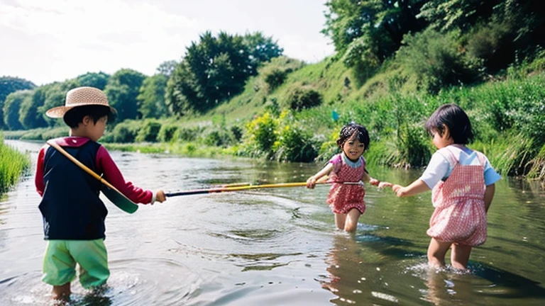 Swimming in a rural river、Clear Stream、Shimanto River、Fishing、fish、The kids、Cute kids