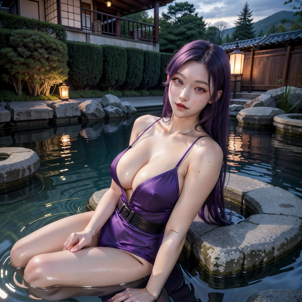 japanese girl, masterpiece, best quality, (busty, long hair, cleavage, poking nipples) sexy kimono, outdoor onsen, laying on water, full body, solo, beautiful face, purple hair, purple eyes, night time