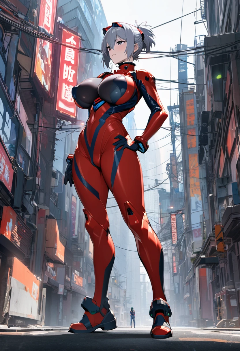 Evangelion plug-in suit male focus Nagisa Kaworu pilot suit super big breasts breast enhancement 白長髮 害羞 standing alone in the science fiction city full body shot