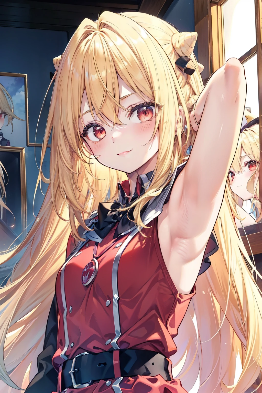 Terracomali Gundesblood、Good looking girl (blush, Perfect Face), independent , Looking at the camera, masterpiece, Anime art style, Cute Characters, Most detailed, high quality、Nico Nico Smile、There are highlights in the eyes、The whole body is visible、Blonde、Long Hair、Red Eye、Showing armpits