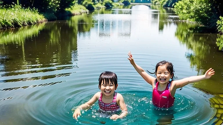 Swimming in a rural river、Clear Stream、swimming、Fishing、Underwater Images、fish、The kids、Cute kids