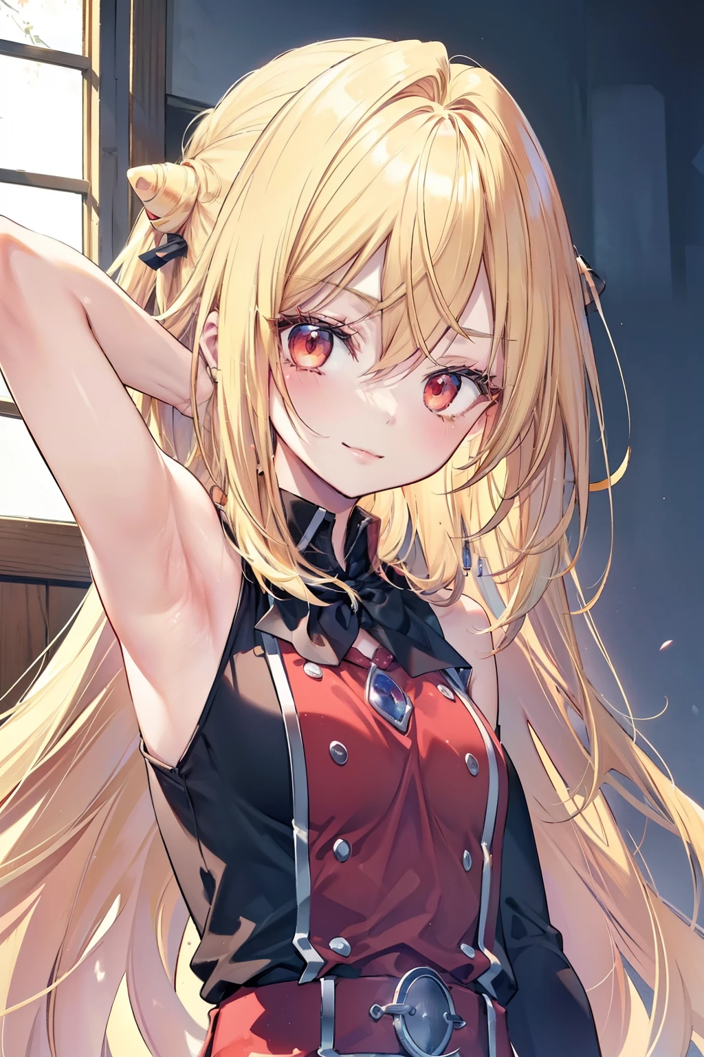 Terracomali Gundesblood、Good looking girl (blush, Perfect Face), independent , Looking at the camera, masterpiece, Anime art style, Cute Characters, Most detailed, high quality、Nico Nico Smile、There are highlights in the eyes、The whole body is visible、Blonde、Long Hair、Red Eye、Showing armpits