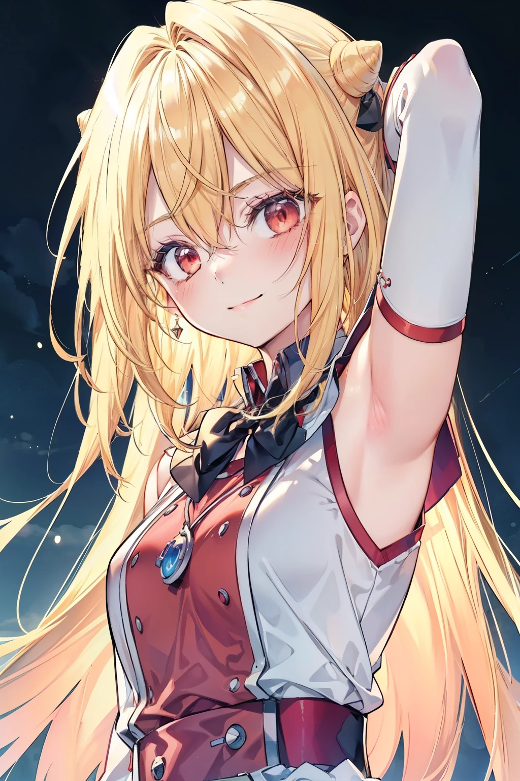 Terracomali Gundesblood、Good looking girl (blush, Perfect Face), independent , Looking at the camera, masterpiece, Anime art style, Cute Characters, Most detailed, high quality、Nico Nico Smile、There are highlights in the eyes、The whole body is visible、Blonde、Long Hair、Red Eye、Showing armpits