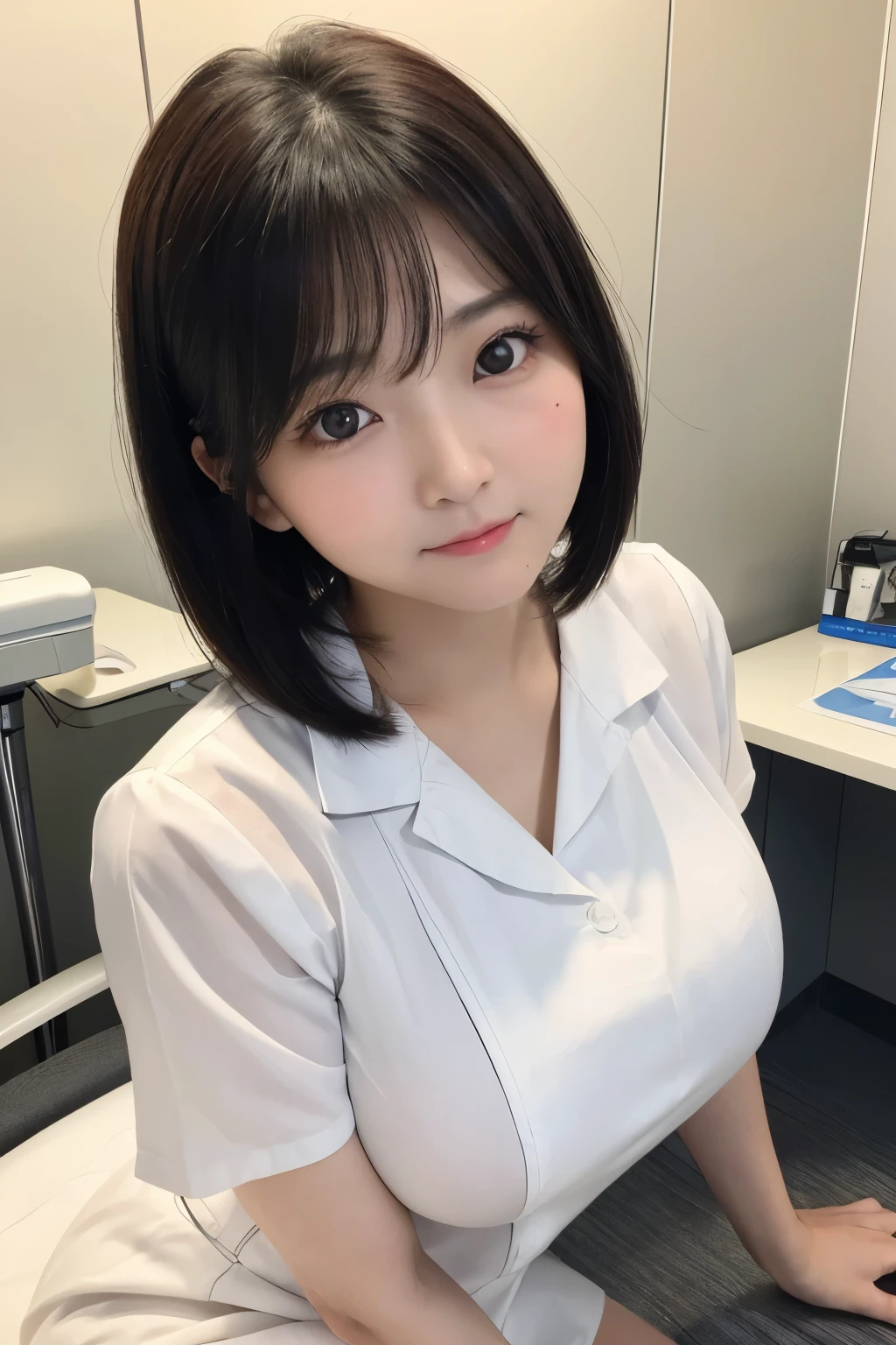 (3Girls)、(Beautiful Japanese、18years old,round face、Refreshing、clear、seems kind、stylish、Pitiful、cute like an angel、cute、black eyes、,actress,Almond-shaped eyes), Good style , (Beautiful big breasts:1.2),(soft breasts),(very cute),(Black hair),(short bob hair),(enchanting eyes),(highlight on eyes:1.2)、(8K、Live shooting、highest quality、masterpiece:1.2、optimal lighting)、((masterpiece)),(Photo taken by a professional photographer),(real、photo real:1.4),break,{ (White nurse costume),(((taraditional nurse uniform))),(White nurse mini skirt),((White pantyhose)),(cleavage:0.7)},(Worried face),(cheeks are red:1.4), break, break,Hospital,Face shot:1.3、Hospital room、Looking away, face close-up,Dynamic angle,Troubled face