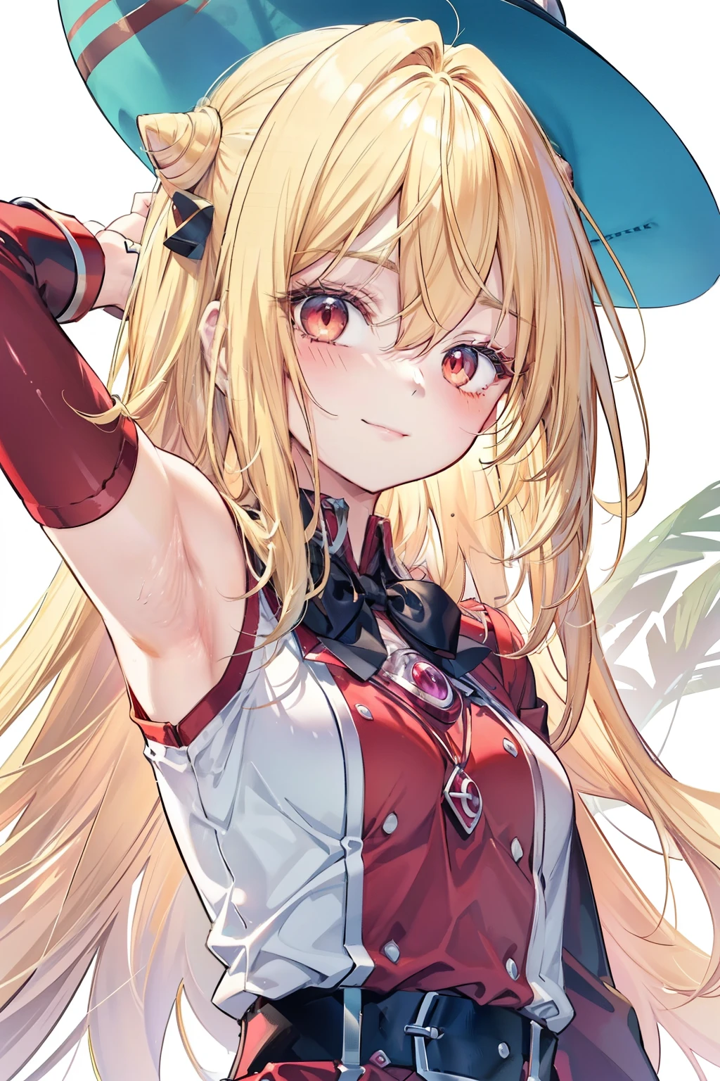 Terracomali Gundesblood、Good looking girl (blush, Perfect Face), independent , Looking at the camera, masterpiece, Anime art style, Cute Characters, Most detailed, high quality、Nico Nico Smile、There are highlights in the eyes、The whole body is visible、Blonde、Long Hair、Red Eye、Showing armpits