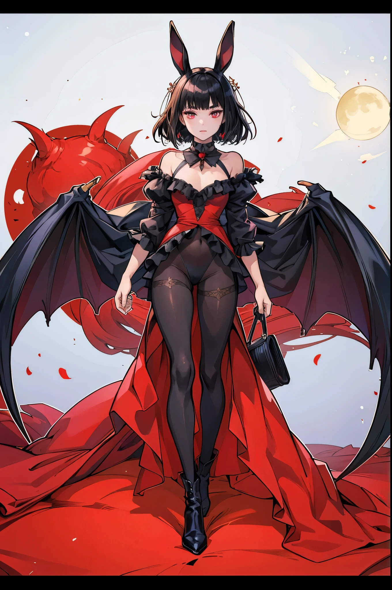 anime girl, tall, short black hair, Bangs are heavy, bunny ears, vampire, red eyes, ((best quality)), ((highly detailed)), masterpiece, absurdres, (detailed eyes, deep eyes), (1girl), cape, Outside at night when the moon shines, dress, frills, The sleeves are wide at the hem, long sleeve shirt, black tie, Stockings, boots