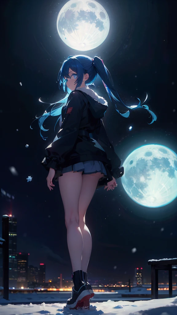 (masterpiece、highest quality)、1 girl ,Grim expression、hatsunemiku,Warm lighting、 Blurred foreground、night、High Contrast、Twin tails,blue gem eyes,Blue Hair,night,snowing,Heavy snowfall,winter,Alone in the vast snowy field,whole body,curse,Looking at me,Huge construction,moon,whole body,shine,bright,Sad expression,whole body,sad face,legs,Huge structures,universe,planet,look back