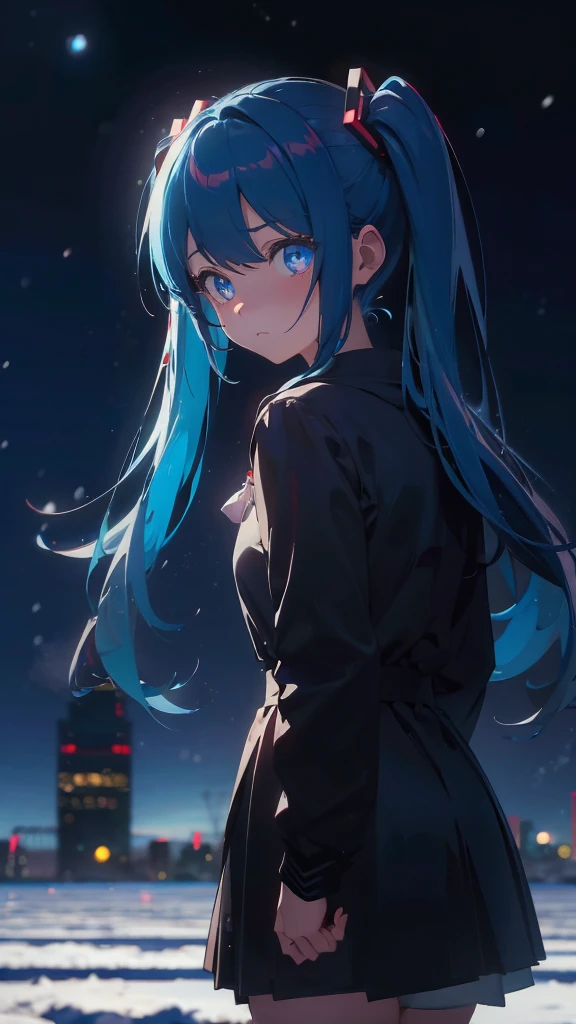 (masterpiece、highest quality)、1 girl ,Grim expression、hatsunemiku,Warm lighting、 Blurred foreground、night、High Contrast、Twin tails,blue gem eyes,Blue Hair,night,snowing,Heavy snowfall,winter,Alone in the vast snowy field,whole body,curse,Looking at me,Huge construction,moon,whole body,shine,bright,Sad expression,whole body,sad face,legs,Huge structures,universe,planet,look back