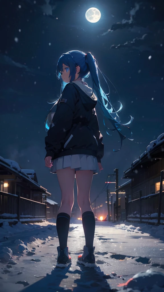 (masterpiece、highest quality)、1 girl ,Grim expression、hatsunemiku,Warm lighting、 Blurred foreground、night、High Contrast、Twin tails,blue gem eyes,Blue Hair,night,snowing,Heavy snowfall,winter,Alone in the vast snowy field,whole body,curse,Looking at me,Huge construction,moon,whole body,shine,bright,Sad expression,whole body,sad face,legs,Huge structures,universe,planet,look back