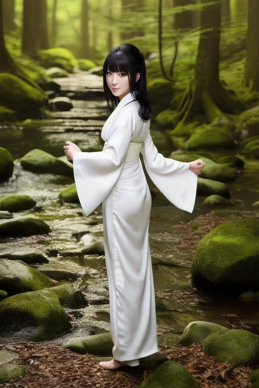 Beautiful Japanese woman in a white kimono, nightの青木ヶ原樹海を歩く, Flowing black hair, Mysterious Forest, Horror photorealism style, night, There is no way, There is earth under my feet