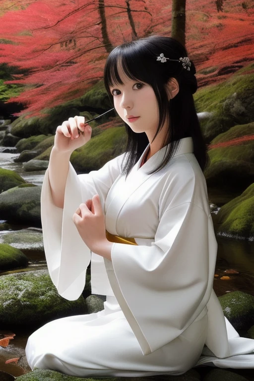 Beautiful Japanese woman in a white kimono, nightの青木ヶ原樹海を歩く, Flowing black hair, Mysterious Forest, Horror photorealism style, night, There is no way, There is earth under my feet