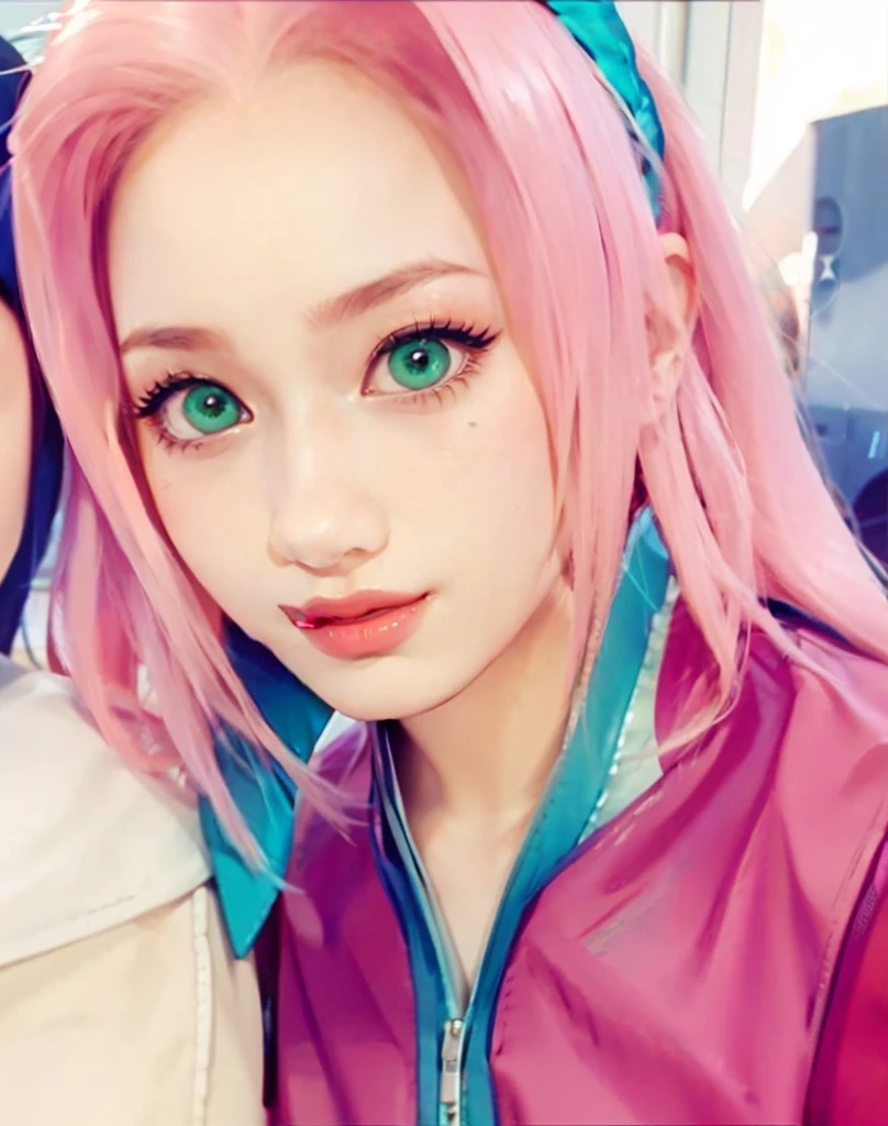 young woman, short shoulder-length pink hair, wide forehead, porcelain skin, pink eyebrows, big emerald green eyes, buttoned nose, full lips, heart-shaped face, slender body, small breasts, red tank top, Sakura Haruno , realistic, realism, details, 3d, well detailed