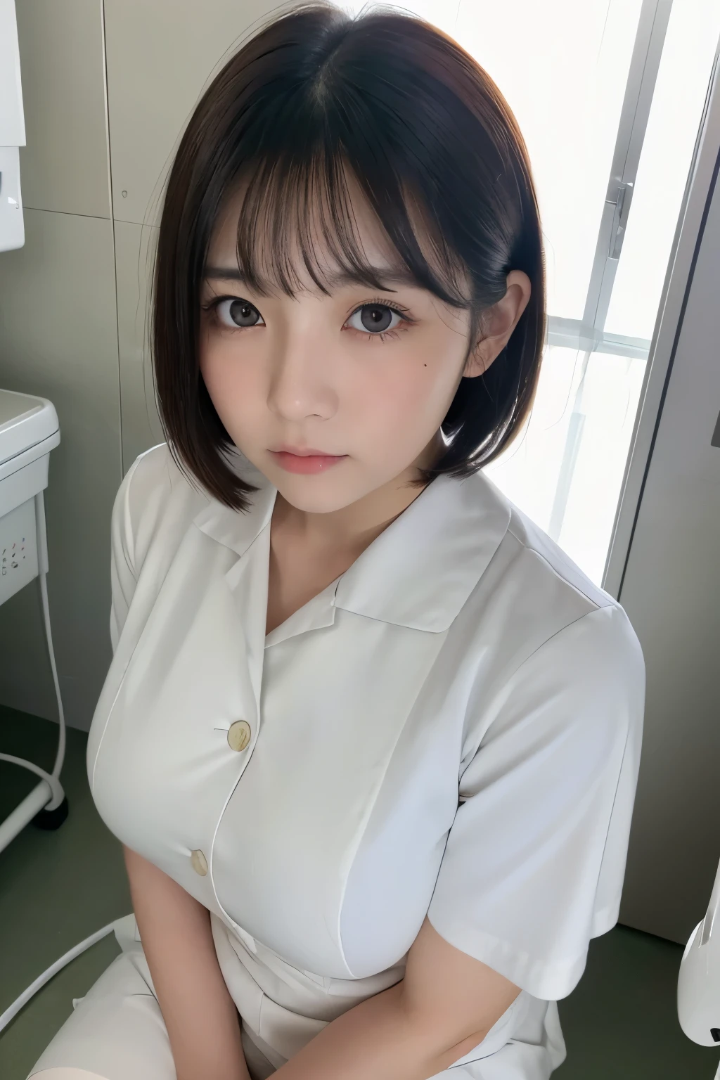 (1 Girl)、(Beautiful Japanese、18years old,round face、Refreshing、clear、seems kind、stylish、Pitiful、cute like an angel、cute、black eyes、,actress,Almond-shaped eyes), Good style , (Beautiful big breasts:1.2),(soft breasts),(very cute),(Black hair),(short bob hair),(enchanting eyes),(highlight on eyes:1.2)、(8K、Live shooting、highest quality、masterpiece:1.2、optimal lighting)、((masterpiece)),(Photo taken by a professional photographer),(real、photo real:1.4),break,{ (White nurse costume),(((taraditional nurse uniform))),(White nurse mini skirt),((White pantyhose)),(cleavage:0.7)},(Worried face),(cheeks are red:1.4), break, break,Hospital,Face shot:1.3、Hospital room、Looking away, face close-up,Dynamic angle,Troubled face