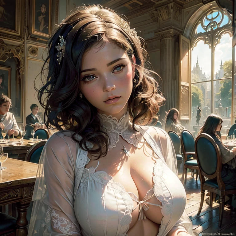 artwork, Superior quality, ((((Realistic, photorealistic: 1.37))), 8k, Very delicate and beautiful, merveilleux, Art officiel avec une attention aux détails, ridicule, incredibly ridicule, huge file size, super detailed, Very detailed, (beautiful detailed girl), Very detailed eyes and face, Beautiful detailed eyes, Light on the face, NSFW, (Une fille), Regardez le spectateur, ( silhouette féminine parfaite), taille fine, (Beauté occidentale), tout le corps, gros seins, debout, abdomen, robe d'summer knit, Feminine look, romance, erotique, between breast,