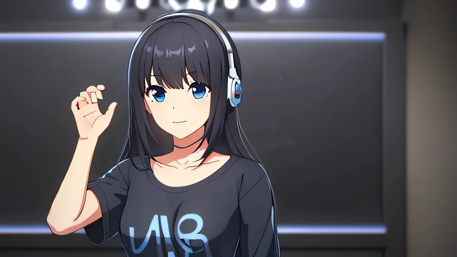 1female, black hair, cerulean eyes, standing, medium breast, casual outfit, on stage, dj set, mixer, headphone, on performance, lighting, dark, visual novel cg style, BREAK looking at viewer, BREAK (masterpiece:1.2), best quality, high resolution, unity' 8k wallpaper, (illustration:0.8), (beautiful detailed eyes:1.6), extremely detailed face, perfect lighting, extremely detailed CG, (perfect hands, perfect anatomy)