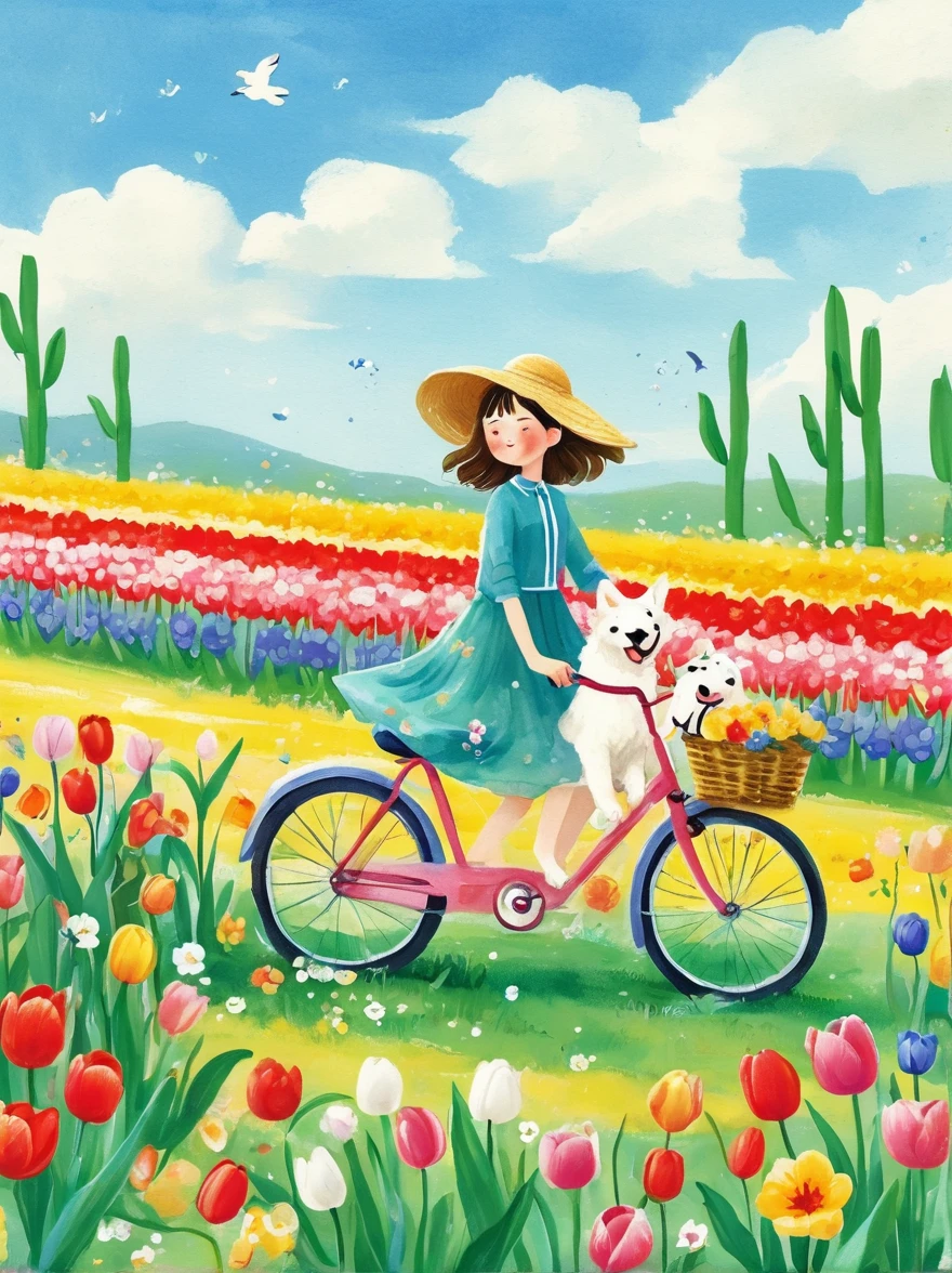 Sea of Flowers，Wind blowing through tulip fields，Spring field scenery，Close up of girl riding bicycle with puppy on sunny day，There are flowers and a puppy in the bamboo basket in front of the car，Tulips in the foreground are clear，Light tones，Light gold color，high resolution细节，Ink splash effect，Bright and fresh colors，Best picture quality，8k，high resolution，masterpiece，Super detailed，Vector illustration