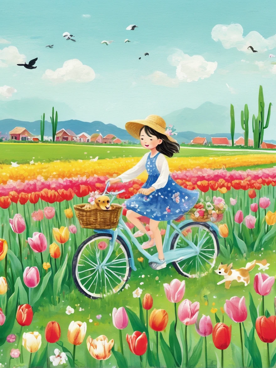 Sea of Flowers，Wind blowing through tulip fields，Spring field scenery，Close up of girl riding bicycle with puppy on sunny day，There are flowers and a puppy in the bamboo basket in front of the car，Tulips in the foreground are clear，Light tones，Light gold color，high resolution细节，Ink splash effect，Bright and fresh colors，Best picture quality，8k，high resolution，masterpiece，Super detailed，Vector illustration