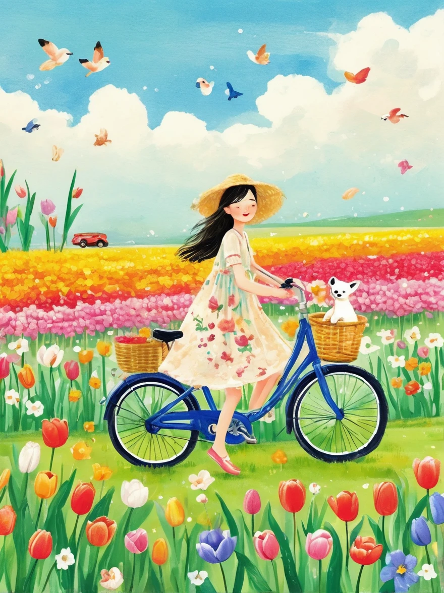 Sea of Flowers,Wind blowing through tulip fields,Spring field scenery,Close up of girl riding bicycle with puppy on sunny day,There are flowers and a puppy in the bamboo basket in front of the car,Tulips in the foreground are clear,Light tones,Light gold color,high resolution细节,Ink splash effect,Bright and fresh colors,Best picture quality,8k,high resolution,masterpiece,Super detailed,Vector illustration